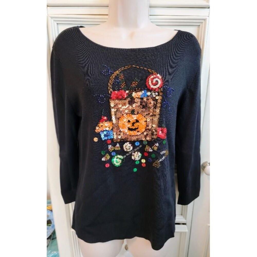 Women's Sweaterworks Fall Halloween Embellished Sequined Sweater Top Sz L